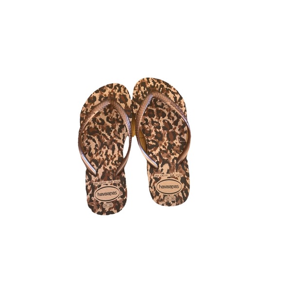 Havaianas Kids Leopard Print Flip Flops Bronze Strap Size 13 Beach Pool - Picture 1 of 5
